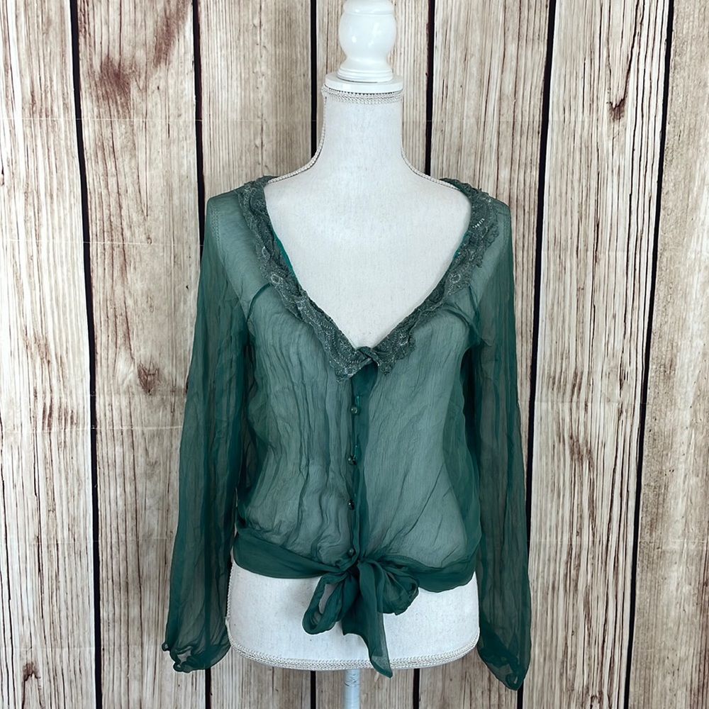 La Petite Francaise 100% Silk Green Cardigan M/L NWT